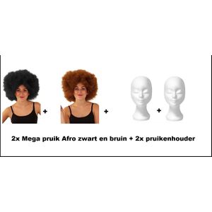 2x Mega pruik Afro zwart en bruin + 2x pruikenhouder - Carnaval disco thema feest afro festival tempex pruik houder