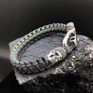 Paracord Armband met 925 Zilveren 3D Skull / Buddha Bedel (Spacer) van 12 gram Zilver, Stainless Steel (RVS) slot verstelbaar in 3 maten .