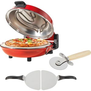 Petra pizza oven met keramische pizzasteen 30cm - Incl 2 pizzascheppen en pizzasnijder - 5 warmtestanden - Rood