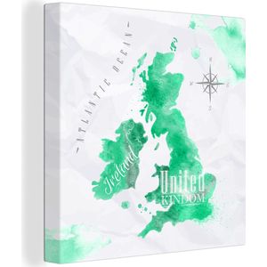Canvas Wereldkaart - 50x50 - Wanddecoratie Engeland - Wereldkaart - Waterverf