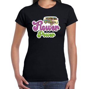 Toppers Jaren 60 Flower Power verkleed shirt zwart met hippie busje dames - Sixties/jaren 60 kleding S