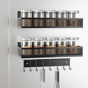 Magnetische kruidenrek organizer met gebruiksvoorwerpenhouder - 3 lagen wandgemonteerde sterke magnetische plank - keuken kruidenflessen opslag (zwart)