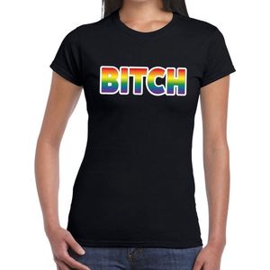 Bitch gay pride t-shirt zwart met regenboog tekst voor dames -  Gay pride/LGBT kleding XL
