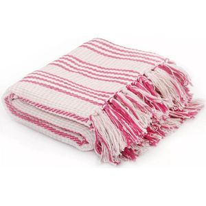 vidaXL - Plaid - strepen - 220x250 - cm - katoen - roze - en - wit