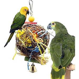 Set van 2 vogels kauwspeelgoed, natuurlijke rotan bal, wordt geleverd met papieren strepen, voederzoek, shredder, speelgoed, papegaai, kooi, hangend bel, speelgoed voor papegaai, golpkiet
