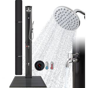 Arebos Zonnedouche 60 L | Tuindouche met handdouche & thermometer | Buitendouche watertemperatuur tot 60°C | Ronde douchekop | Snap-in technologie | incl. afdekking & bodemplaat in antraciet - Zwart
