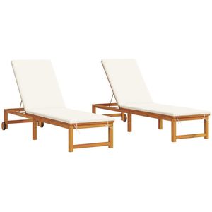 vidaXL - Zonne - Ligstoelen - 2 - stuks - met - Kussens - Massief - Acacia - Hout, - - Zonne - Ligstoel - met - Crème - Kussens - Massief - Acacia - Hout