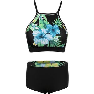 Bikini hipster broekje en crop top met racerback - Tropical flower black 152-158