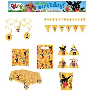 Bing het konijn - Feestpakket - Versiering - Verjaardag - Kinderfeest – Vlaggenlijn - Happy Birthday slinger - Plafondecoratie swirl hangers - Servetten – Tafelkleed - Bekers - Feesthoedjes - Uitdeelzakjes.