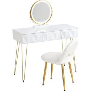Gran Vida® - Make-Up tafel - Kaptafel Met Spiegel - Led Spiegel - fluwelen stoel - 100x40 CM - Wit Met Goud