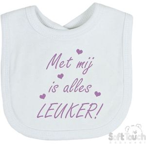 Soft Touch Slabber Slabbetje Slab ""Met mij is alles leuker! Unisex Katoen Wit/lila Maat 33x22 Cm