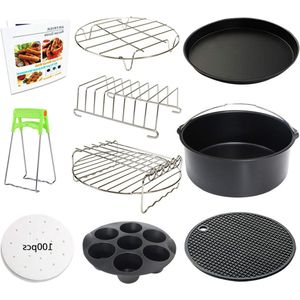 Air Fryer Accessoires XL 10 STKS - Cupcake Pan - Pizza Pan - Siliconen Bakbeker - Recept Kookboek - 100 stuks perkamentpapier - Phillips Air Fryer - Instant Pot - 5.3Qt - 6.8Qt Air Fryer Silicone Pot