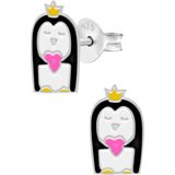 Oorbellen meisje | Zilveren kinderoorbellen | Zilveren oorstekers, pinguin met kroon en hartje