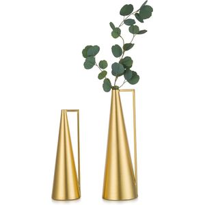 Grote gouden vaas voor bloem, 33/41 cm, moderne metalen kruik, bloemenvaas, set van 2 decoratieve conische vazen voor tafel, enkele vaas voor pampasdroogbloemen, Nordic vloervaas voor