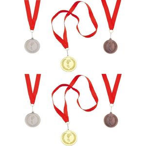 12x stuks sportprijzen medailles goud/zilver/brons aan rood halslint - sportdag - 4x stuks per type