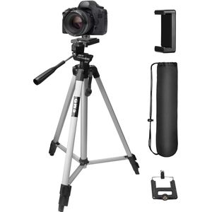 GWS Tripod Statief Aluminium - Universeel Camera en Telefoon Statief - Incl. Smartphone Houders - 134CM Zilvergrijs