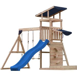 AXI Malik Speeltoestel met Dubbele Schommel Bruin – Blauwe Glijbaan – Zandbak en Speelwand - FSC hout - Speelhuis op palen voor de tuin