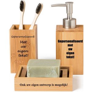 Gepersonaliseerde bamboe badkamer set met zeeppompje tandenborstel beker en zeepbakje - met uw eigen tekst of ontwerp! - zeepdispenser