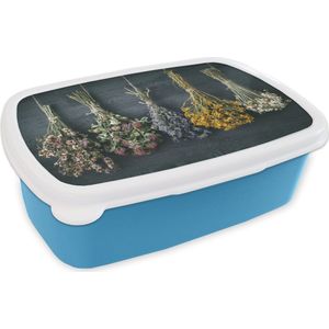 Broodtrommel Blauw - Lunchbox - Brooddoos - Droogbloemen - Bloemen - Boeket - Stilleven - Touw - Bundel - 18x12x6 cm - Kinderen - Jongen