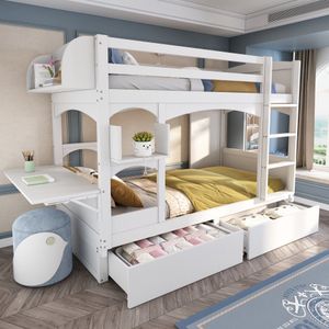 Kinderstapelbed, tweepersoonsbed, multifunctioneel kinderbed, met opklapbaar bureau en plank, met ladder en 2 lades, zonder matras, massief hout, wit, 90*200