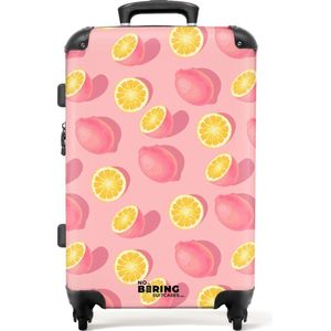 NoBoringSuitcases.com® - Koffer groot - Rolkoffer lichtgewicht - Patroon van roze en gele citroenen - Reiskoffer met 4 wielen - Grote trolley XL - 20 kg bagage
