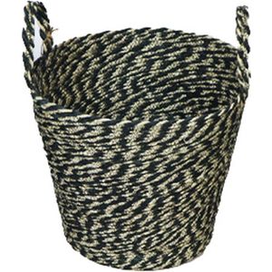 Decoratie mand gras riet - ⌀ 33 cm - rond met hengsels - zwart crème
