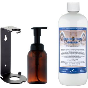 Zeepdispenser 300 ml amber bruin hervulbaar + 1 liter Bodylotion Hamam navulling (inclusief beugel)