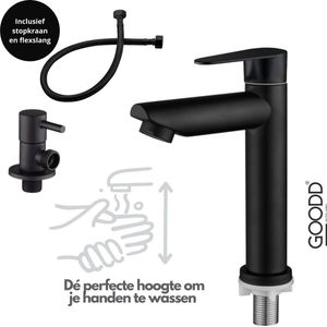 GOODD® Toulon - Fonteinkraan - Toiletkraan - Koudwaterkraan - Wc kraan - Zwart - Met zwart nylon aansluitslang en Hoekstopkraan