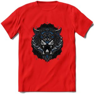 Tijger - Dieren Mandala T-Shirt | Blauw | Grappig Verjaardag Zentangle Dierenkop Cadeau Shirt | Dames - Heren - Unisex | Wildlife Tshirt Kleding Kado | - Rood - XXL