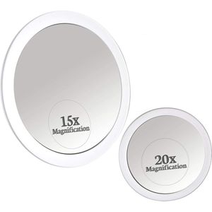 20X & 15X Vergrootspiegel Spiegel Make Up Mirror Combo Set met 3 Stick On Zuignappen voor make-up en pincet Wenkbrauwen - Extreem Sterke X20 Zoom - 15cm & Kleine 10cm Diameter
