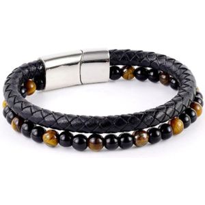 Armband - accessoire - sieraad - gevlochten - imitatieleer - kralen - heren - hip - 21cm - trendy - tijdloos - outfit - stylen - RVS - stenen - cadeau - geschenk - feest - feestdagen - verjaardag - heren - unisex