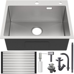 Auralum max Spoelbak 58x45 - Spoelbak Keuken RVS - Handgemaakte Roestvrijstalen Gootsteen - Spoelbak Met Afdruipgedeelte - Met Afdruiprek en Zeepdispenser