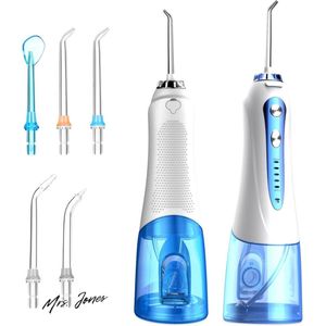 Mrs. Jones Draadloze monddouche elektrische interdentale reiniger 5 opzetstukken 5 reinigingsmodi tandreiniger orale irrigator IPX7 waterdicht USB-oplaadbaar 300 ml waterflosser blauw wit .