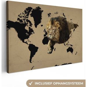 Canvas Wereldkaart - 90x60 - Wanddecoratie Wereldkaart - Zwart - Leeuw