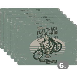 Placemat - Placemats kunststof - Motor - Retro - Tekening - Quote - 45x30 cm - 6 stuks - Hittebestendig - Anti-Slip - Onderlegger - Afneembaar