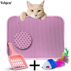 TEBJEN Kattenbakmat – Kattenbak Mat Grit Opvanger - Schoonloop Katten mat – Dubbele Waterdichte Laag – Uitloopmat Kattenbak – Kattenbak Accessoires - Met Speelgoedmuisje En Schepje - Roze - 40cm * 50cm