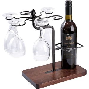 Wijnglashouder met wijnfleshouder, metalen wijnglazen houder en massief hout, op standaard, voor 1 fles, 6 wijnglazen, wijnstandaard, decoratie, cadeau verjaardag, wijnliefhebber, Kerstmis