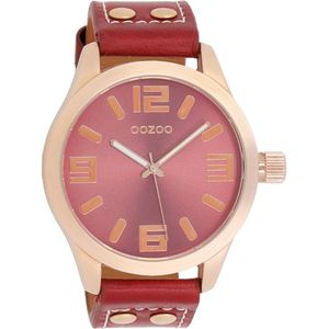 OOZOO Timepieces - Rosé goudkleurige horloge met koraal rood leren band - C1155