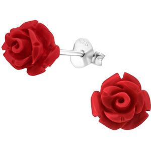 Joy|S - Zilveren roos oorbellen - rode roosje - 8 mm - bloem oorknoppen