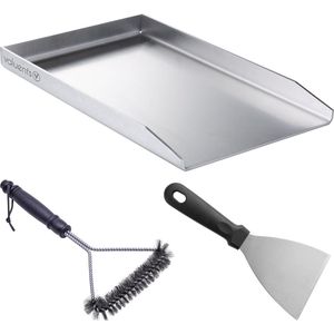 Grillplaat - Plancha grillplaat van dik en roestvrij staal - 44,5 x 26 cm - geschikt voor BBQ gasgrill & kolengrill + plus: borstel & grillspatel