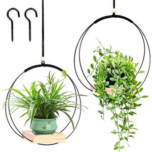 2 hangende bloempotten met houten voet, metalen ring en ophanglus, ronde hangende plantenbakken voor binnen, zwarte hangende plantenbakken voor muren en plafonds
