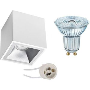 Opbouwspot Set - LEDVANCE Parathom PAR16 930 36D - Pragmi Cliron Pro - GU10 Fitting - Dimbaar - Opbouw Vierkant - Mat Wit/Zilver - 3.4W - Warm Wit 3000K - Verdiept - 90mm
