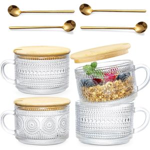 Koffiekopjesset, koffieglazen met deksel en lepel, 400 ml, koffieglazen, 4 stuks, vintage koffiemokken, set van 4 stuks, voor cappuccino, thee, yoght, pap, latte en hakken