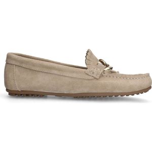 Manfield - Dames - Taupe suède loafers met goudklerurig detail - Maat 41