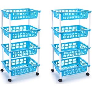 2x stuks lichtblauwe opberg trolley/roltafel met 4 manden 40 x 50 x 85 cm - Etagewagentje/karretje met opbergkratten