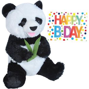 Pluche knuffel panda beer 25 cm met A5-size Happy Birthday wenskaart - Verjaardag cadeau setje