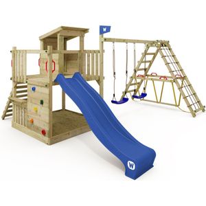 WICKEY speeltoestel klimtoestel Smart Nest met schommel & blauwe glijbaan, outdoor klimtoren voor kinderen met zandbak, ladder & speelaccessoires voor de tuin