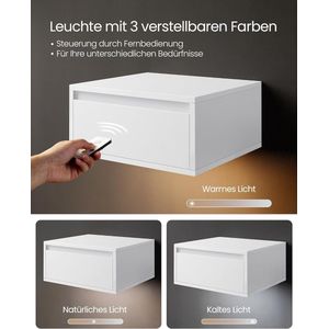 VASAGLE Nachtkastje Hangend Set van 2, Licht met 3 Kleuren, Zwevende Wandplank, Lade, 35 x 40 x 18 cm, Modern, Woonkamer, Slaapkamer, Wolkenwit LET854W01