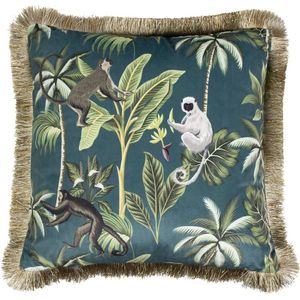 Sierkussen - Sier Fluweel Jungle Aap Gouden Franjes - petrol - 45 Cm X 45 Cm