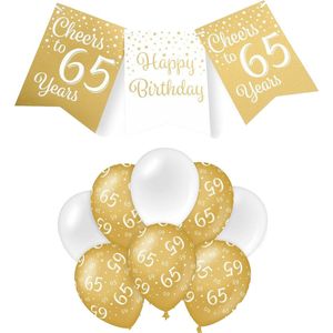 Paperdreams Luxe 65 jaar feestversiering set - Ballonnen & vlaggenlijnen - wit/goud